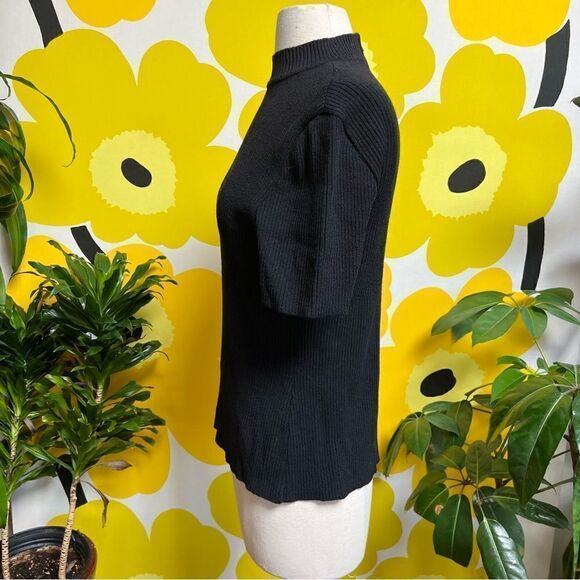 Vintage 1990s St. John Knit Black Ribbed Mock Neck Short Sleeve Back Zip Blouse - Picture 3 of 8